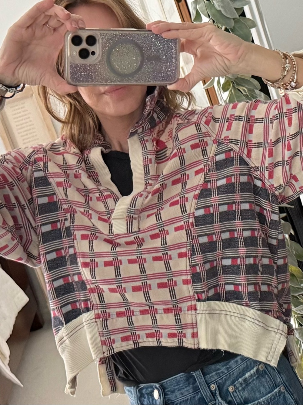 We The Free Pink Cream Plaid Crop Pullover